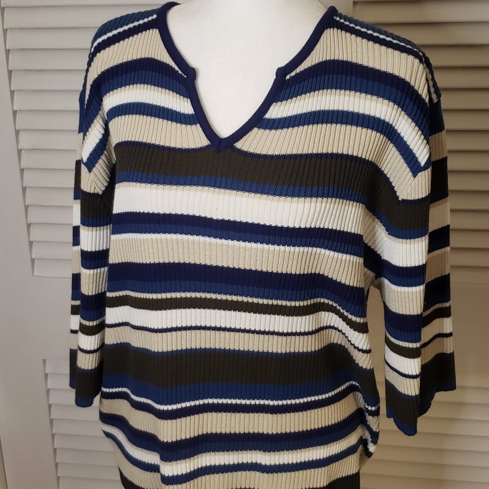 Excellent Condition 1X Army Green, Azure Blue, Khaki and White Striped Sweater